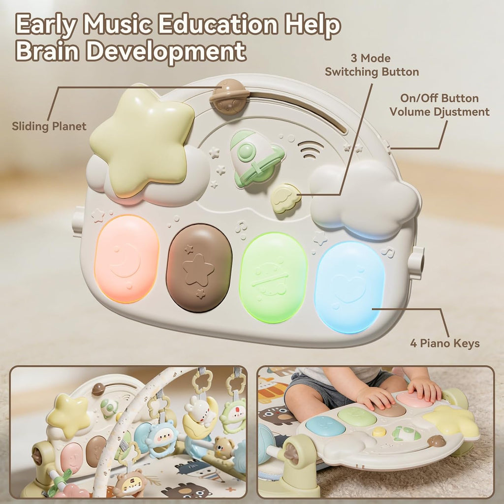 Play Gym Mat - Funny Play Piano Activity Playmat with 5 Infant Learning Detachable Toys for Sensory Development