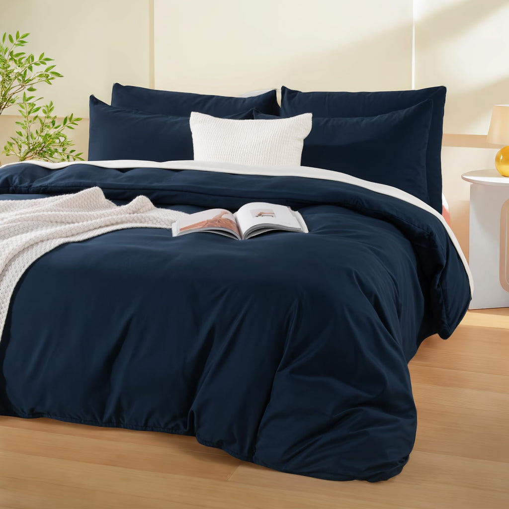 Duvet Cover, Navy 3 Pieces Duvet Cover Set, Soft and Lightweight 100% Washed Microfiber Comforter Cover Set for
