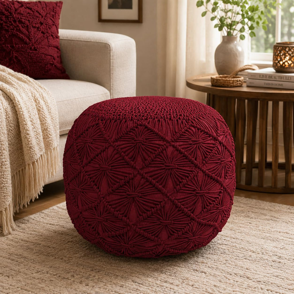 Macrame Pouf Ottoman 20x20x14 Red Handwoven Dori Footrest Stool