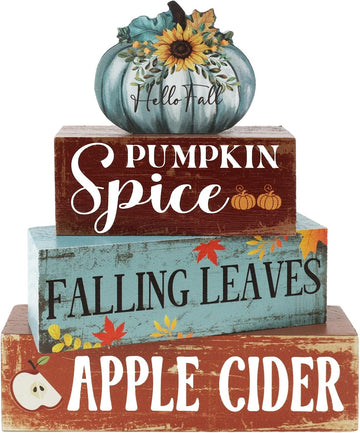 Fall Blue Pumpkin Wooden Block Signs Wooden Blue Pumpkin Decor - Set of 4