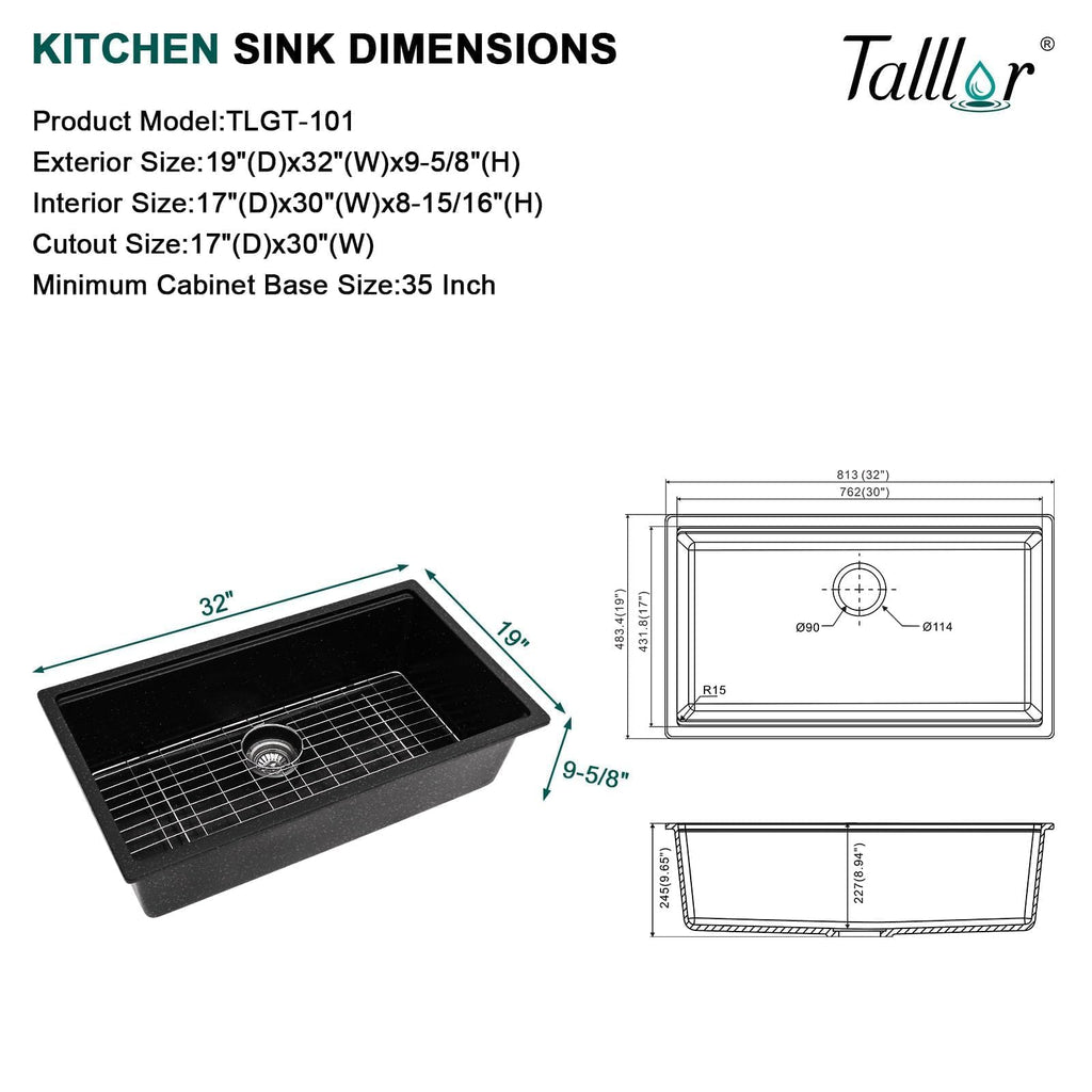 32x19" Black Undermount Kitchen Sink, Granite Composite Workstation