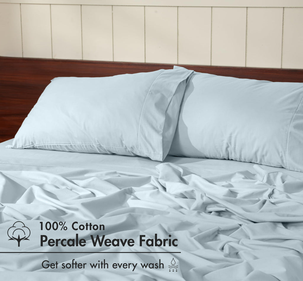 100% Cotton Queen Sheets, Percale Queen Sheet Set, Ice Blue