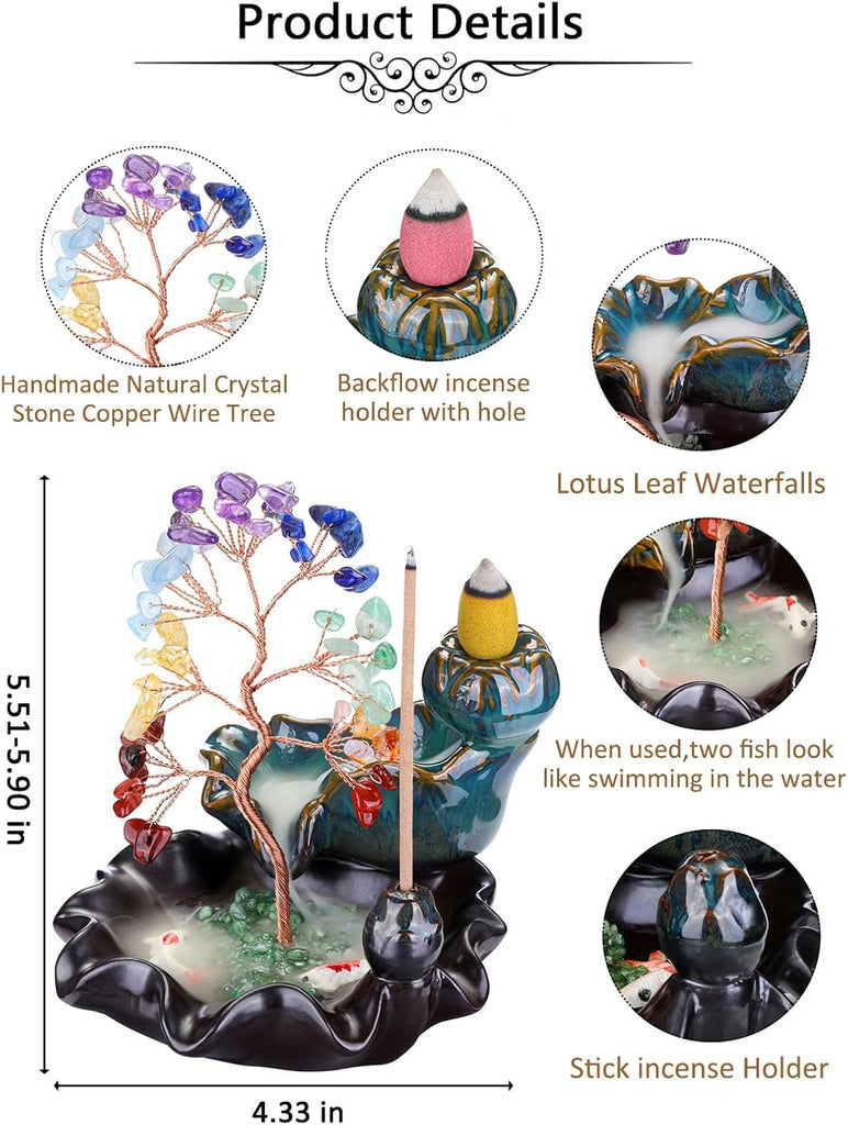 Backflow Incense Burner Ceramic Incense Waterfall,7 Chakra Stones Healing Crystal Money Tree Incense Holder
