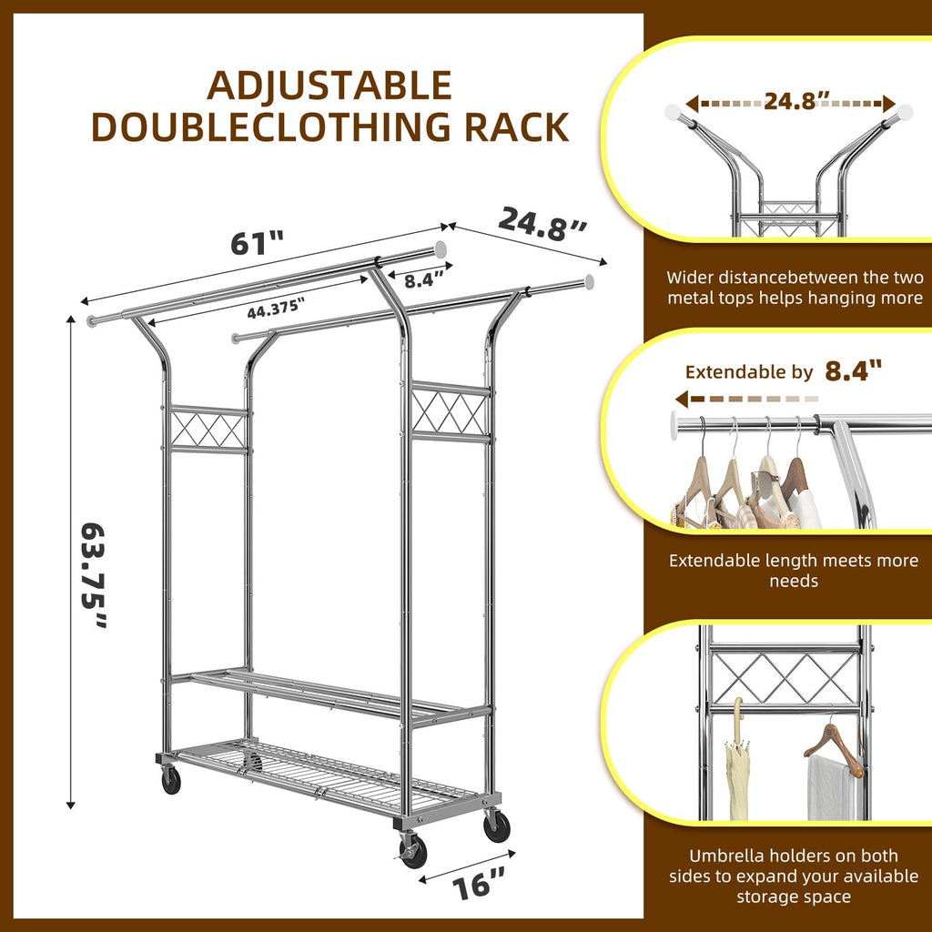 Trending Heavy Duty Clothing Clothes Rack for Hanging, Rolling Double Rod Garment Rack Organizer with Wheels Load 620