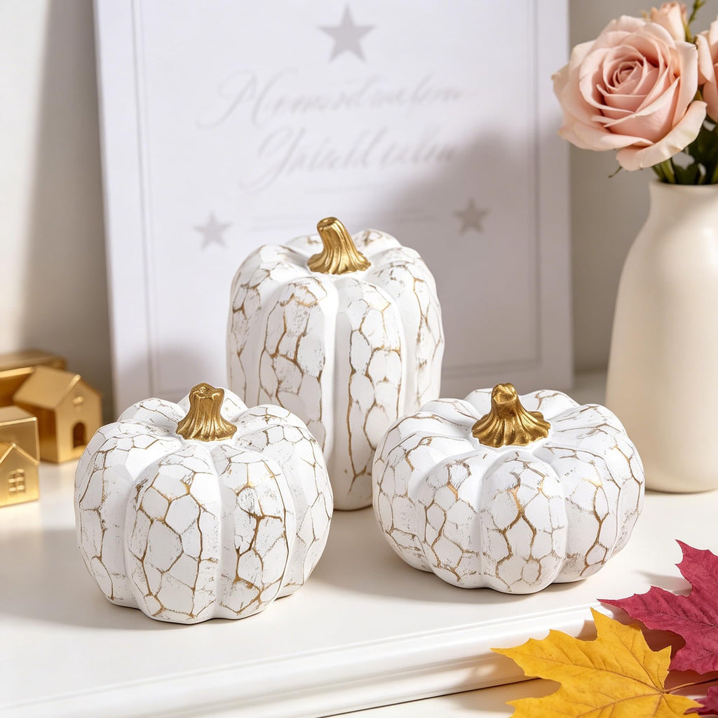 Set of 3 White Pumpkins Fall Decorations