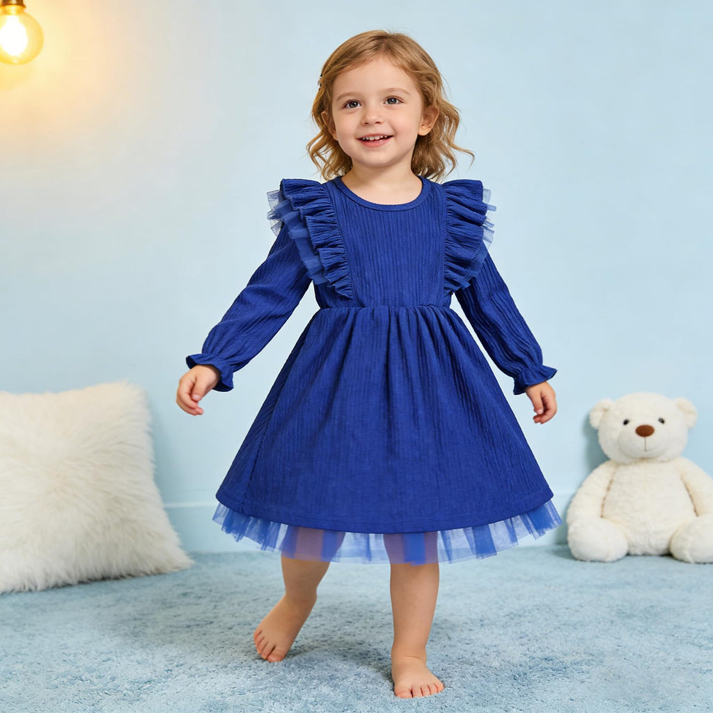 Toddler Girl Dress Fall Ruffle Long Sleeve Baby Girl Solid Color Casual Dresses