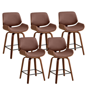 Swivel Bar Stools Set of 5, 24" Upholstered Faux Leather Barstools, Mid Century Modern Counter Height Barstools with