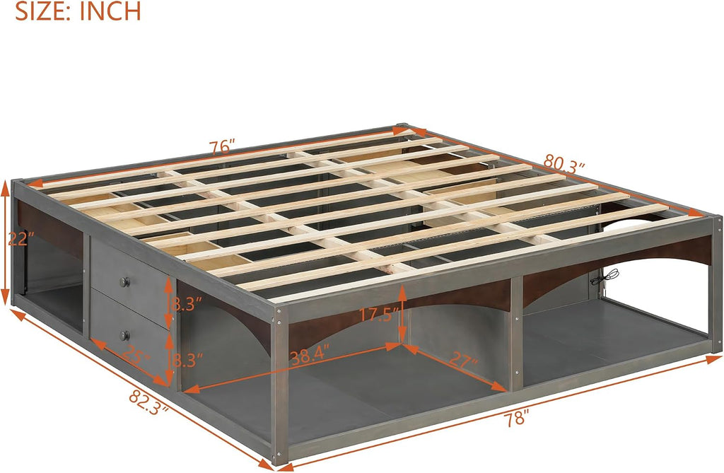 22" H Japanese Wooden Bed Frame with 6-Storage Drawers