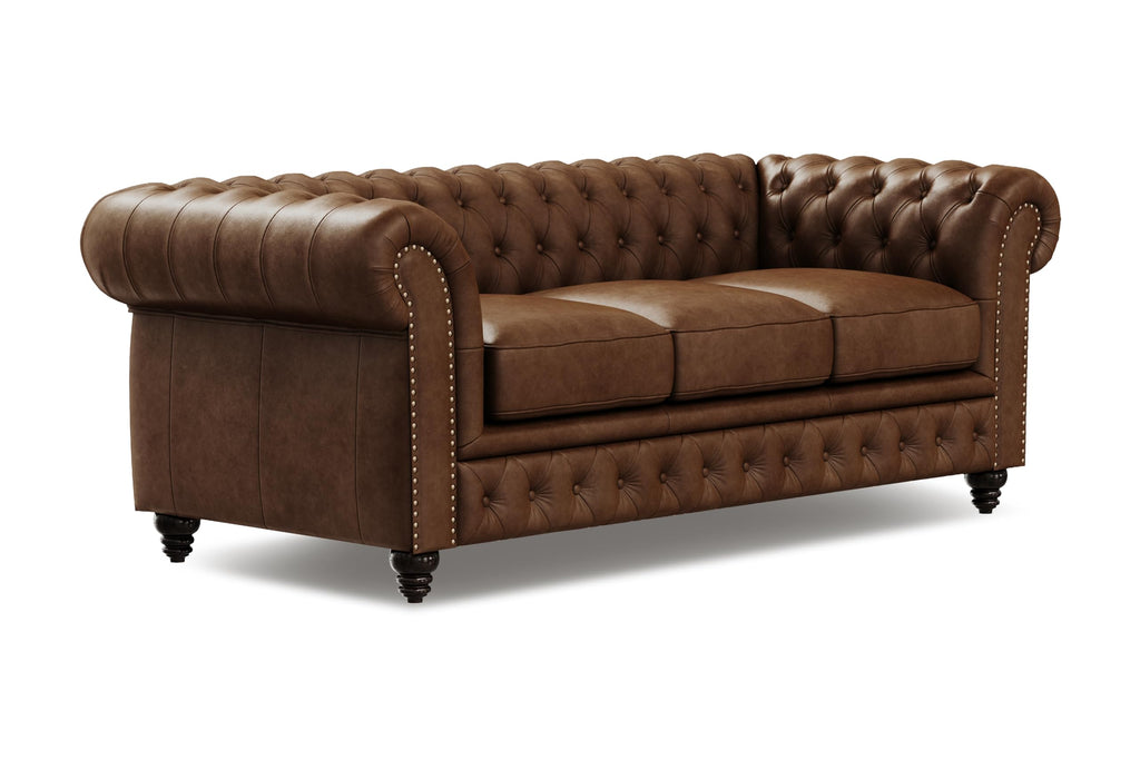 Parma Chesterfield 3 Seater Sofa 82" | Full Leather | Mid-Century Leather Couch with Classic Button Tufted Back, Wood