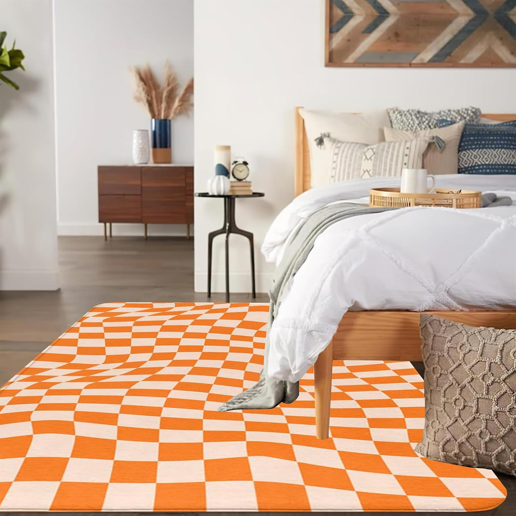 Orange Checkered Area Rug,Autumn Washable Area Rug 5x7 Large Rugs Non-Slip Soft Low Pile Carpet Rug Bedside Dining