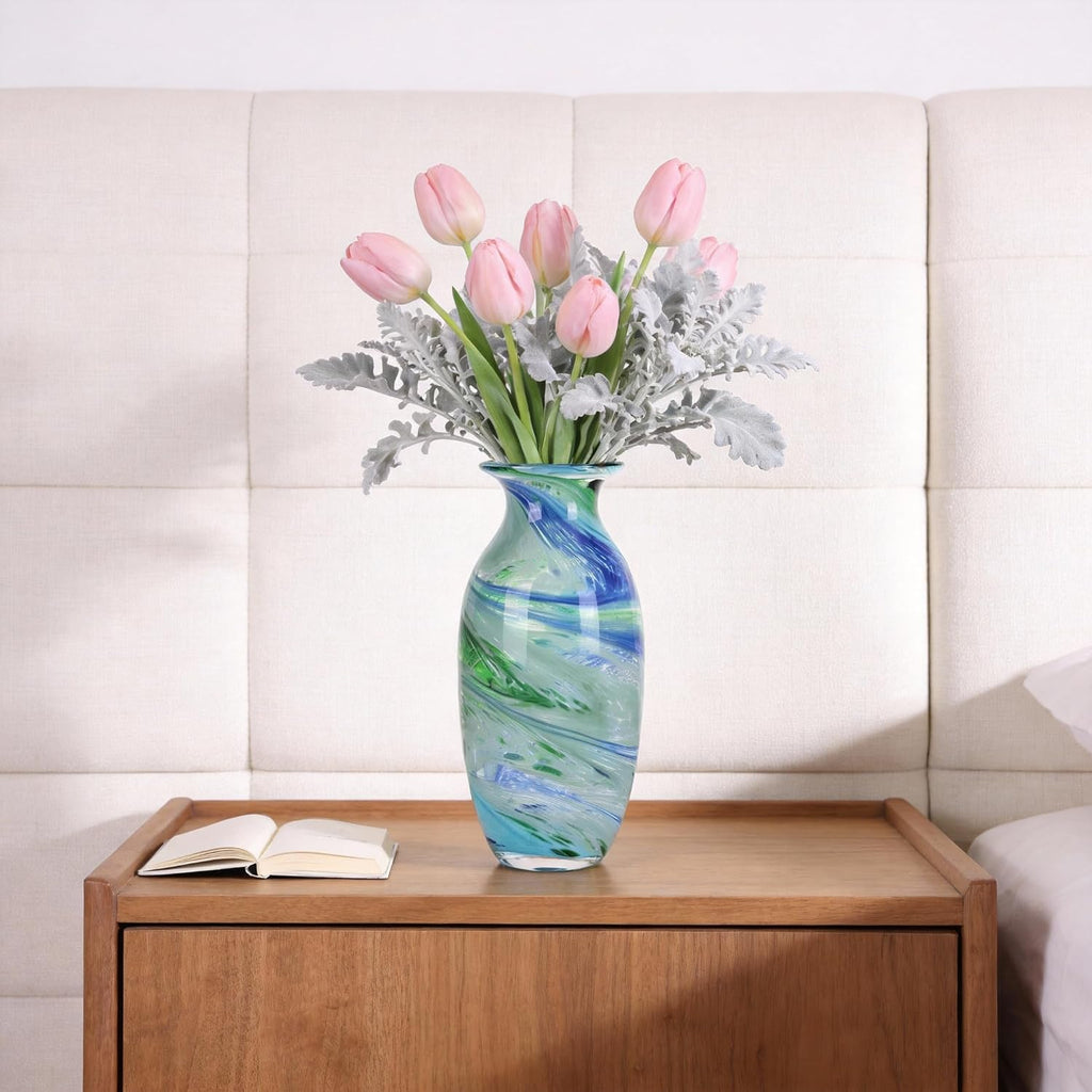 Hand Blown Glass vase, Blue Green Wide Mouth vase, Contemporary Glass Art Suitable for Display on Living Room Dining