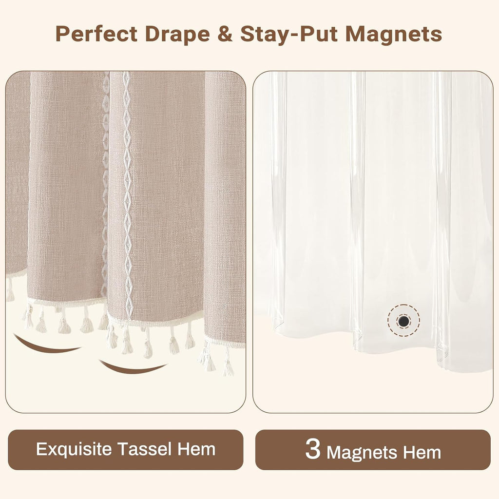 3 in 1 Tan Boho Linen Striped Shower Curtain with Liner, Taupe, 72x72 | Waterproof Clear PEVA Liner, 330GSM Heavy