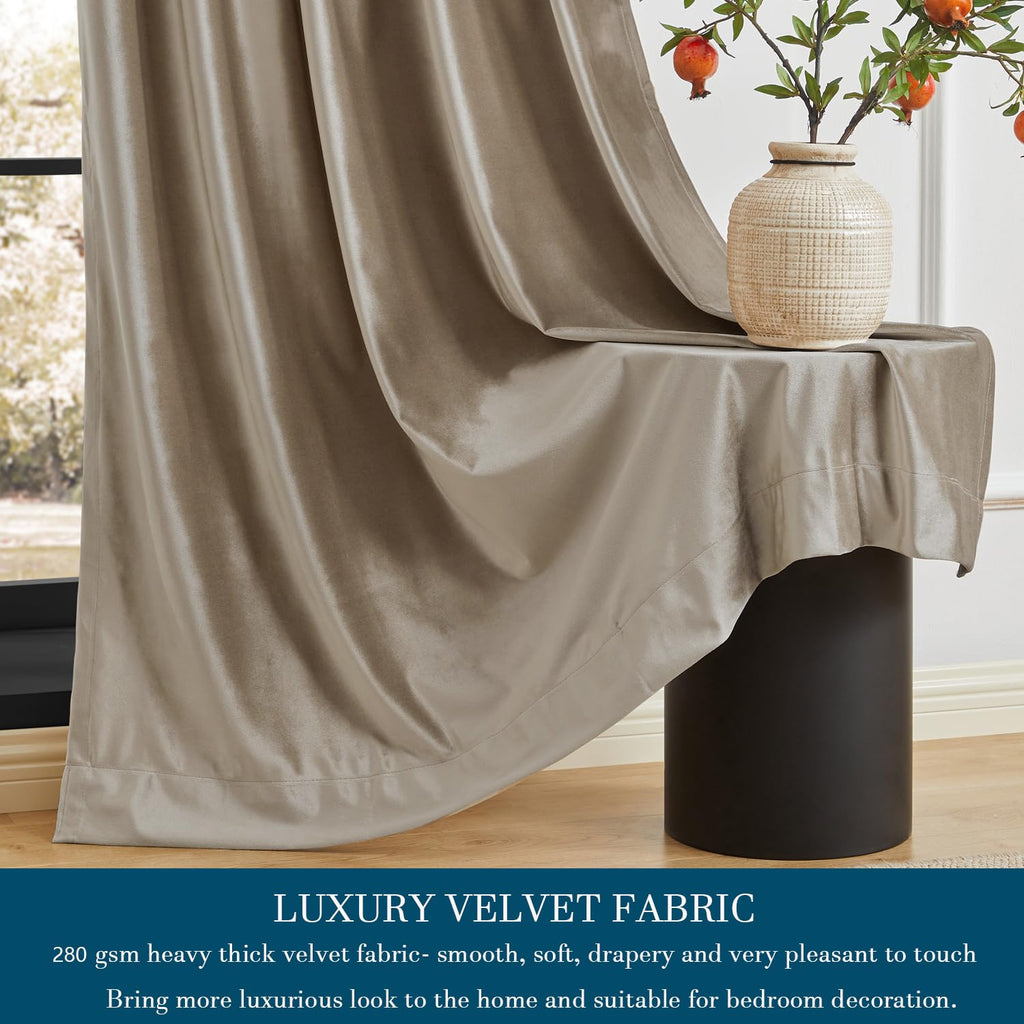 Taupe Curtains 120 inch, 2 Panels Velvet Drapes Blackout Rod Pocket Back Tab Window Treatment Room Darkening