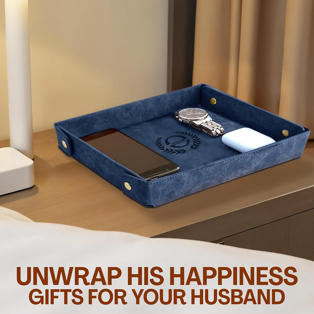 Engraved Leather Valet Tray for Men - Personalized Catchall with Custom Name for Desk, Dresser, Nightstand - Men's