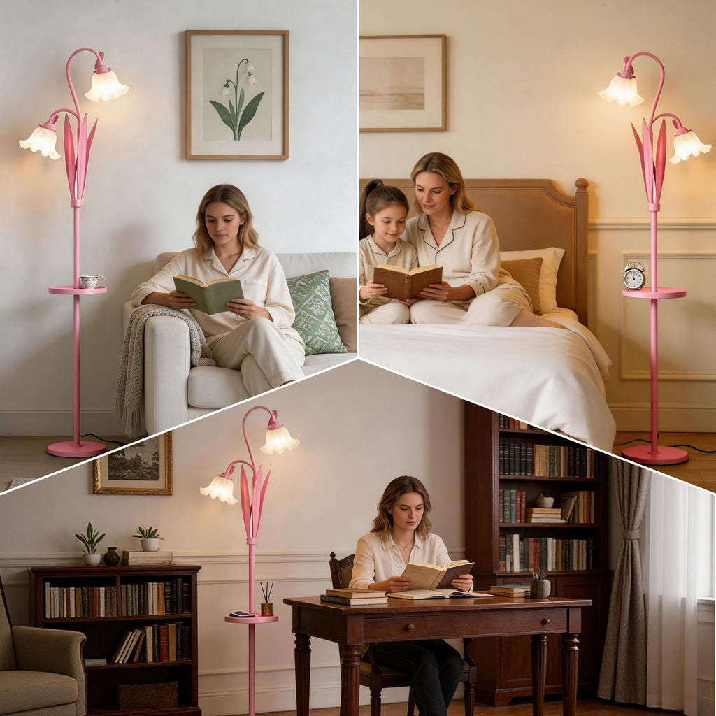 Pink Flower Floor Lamp with Table, Adjustable Floral Standing Lamp for Girl