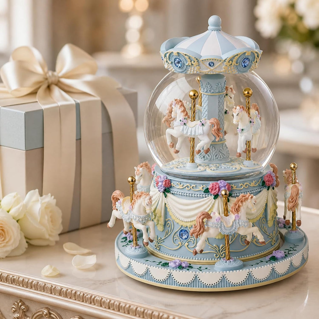 Blue Carousel Snow Globe Music Box with LED Lights, Rotating Horse Merry Go Round, Wind Up Musical Snow Globe Plays