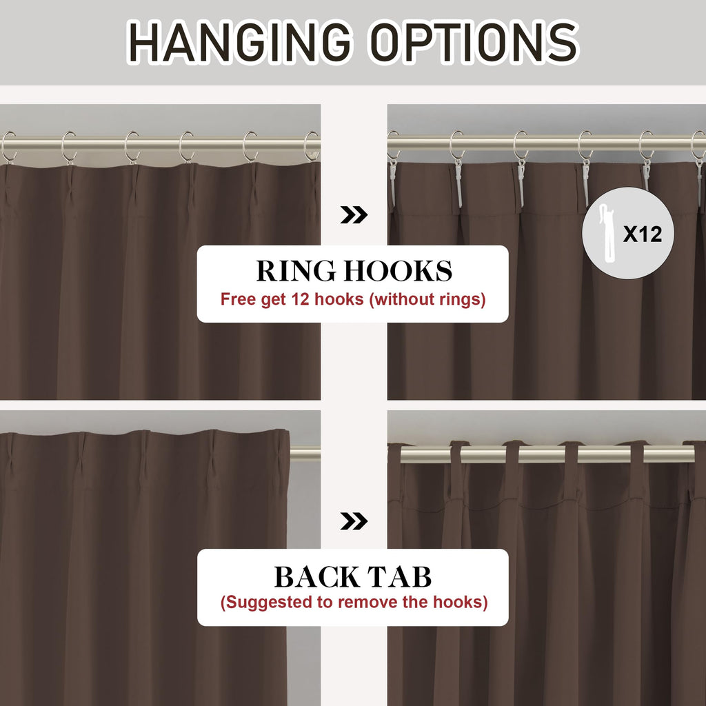 Brown Pinch Pleated Blackout Curtains with Hooks - 144 inches Extra Long Room Darkening Thermal Insulated Window