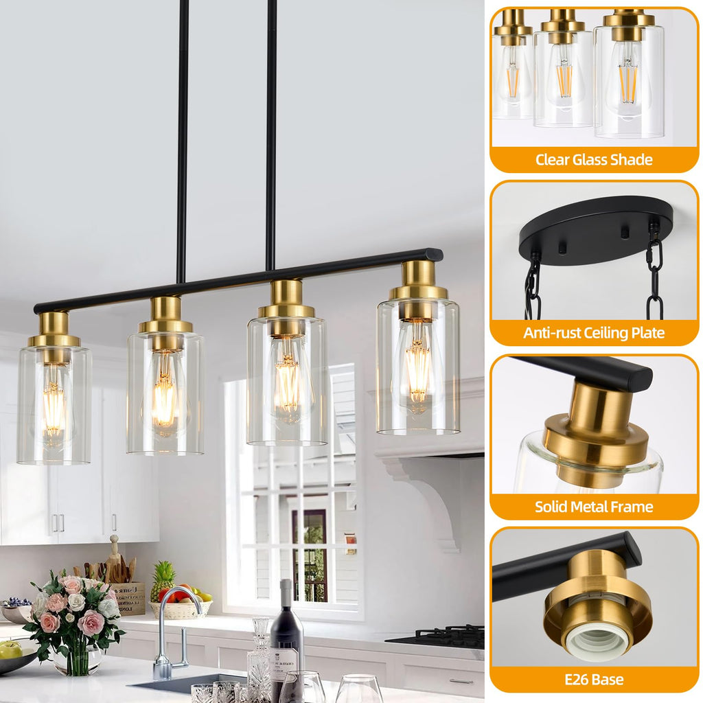 Island Lights, 4-Light Farmhouse Dining Room Light Fixtures Over Table, Matte Black and Gold Linear Chandeliers