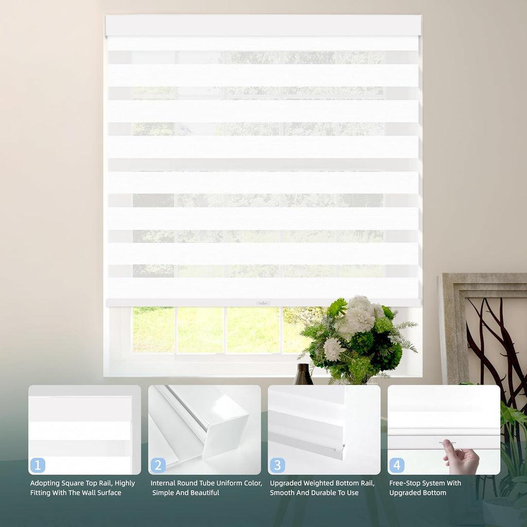 Cordless Zebra Blinds for Windows (29" W X 72" H, White) Free-Stop Zebra Roller Shades Dual Layer Light Filtering