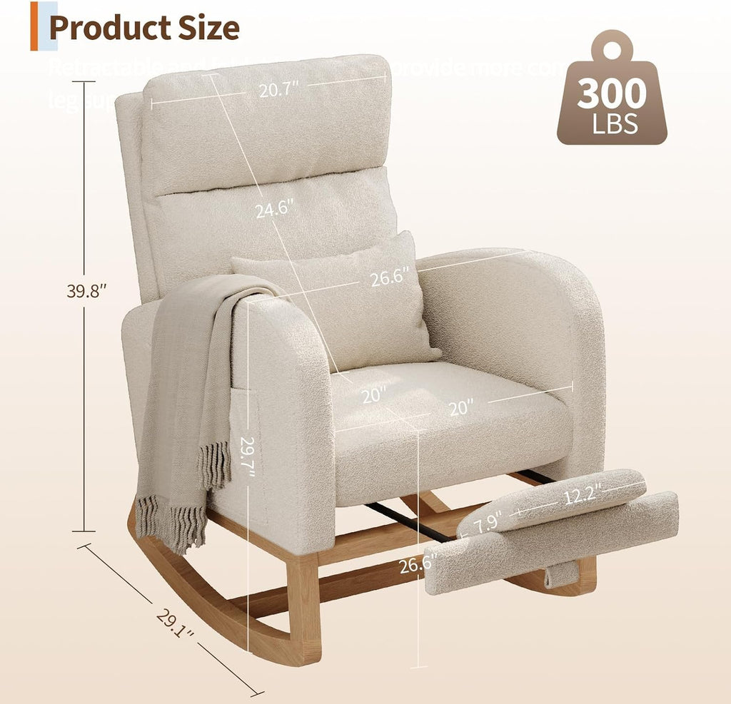 Rocking Chair, Nursery Glider Chair with Footrest, White | Modern Teddy Fleece Rocking Chair with Side Pocket and