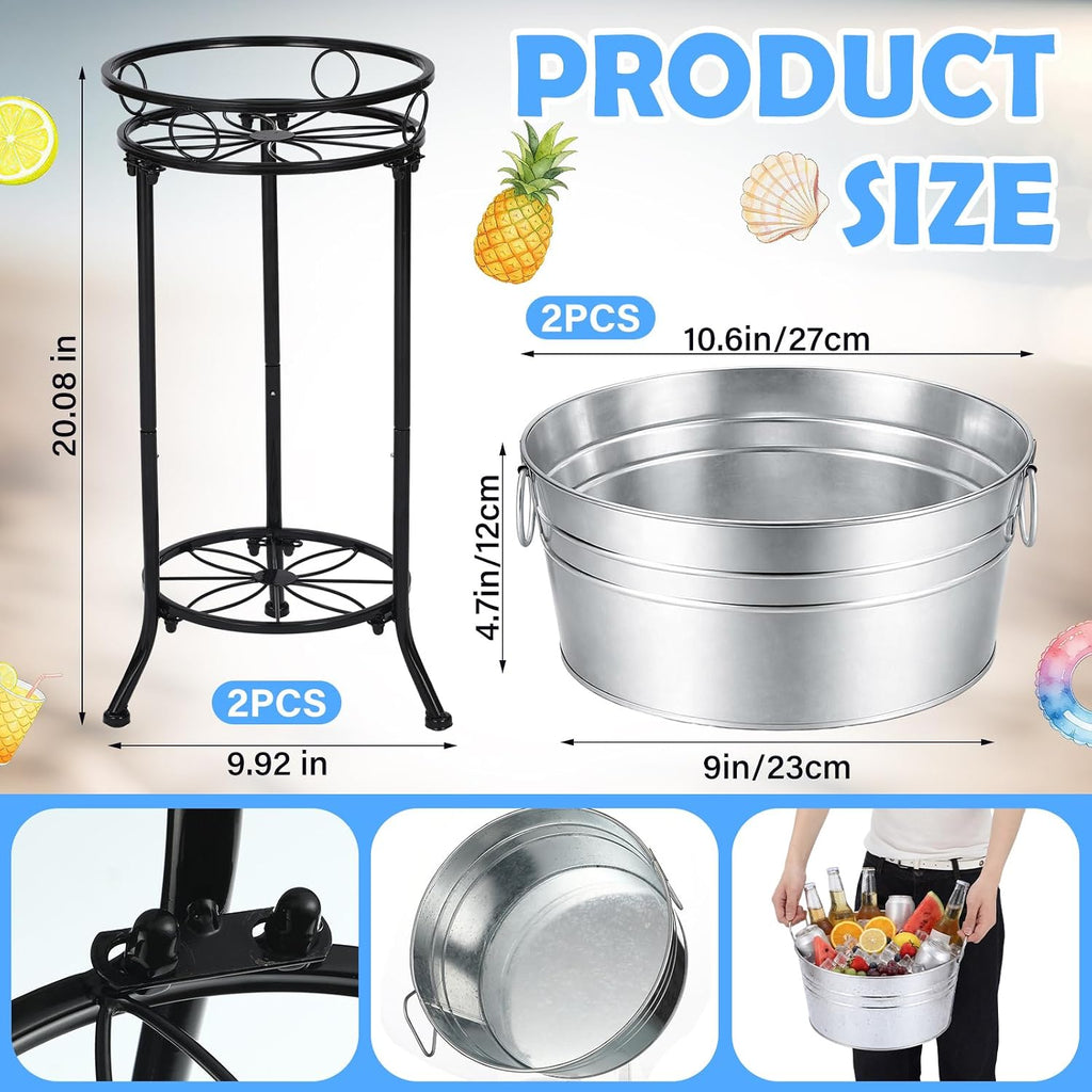 Galvanized Beverage Tub with Stand Champagne Ice Bucket Stand, 1 Set