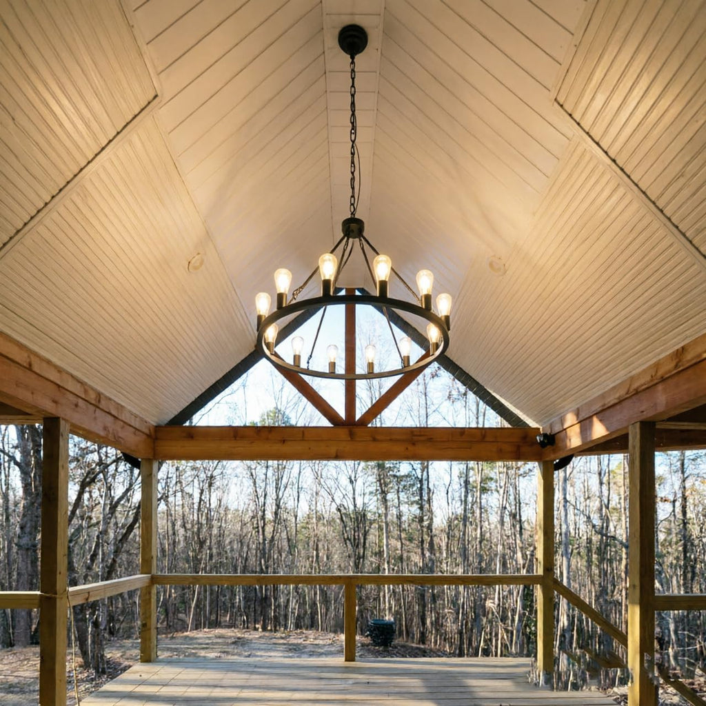 12 Lights Wagon Wheel Chandelier,31.5 inch Black Round Rustic Industrial Vintage Farmhouse Chandeliers for Outdoor