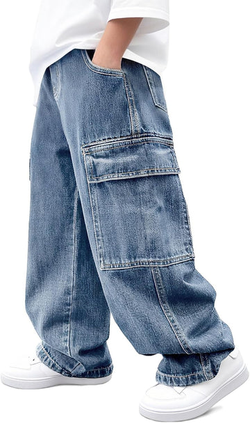 Boys Cargo Jeans Kids Baggy Elastic Waist Wide Leg Denim Pants with Pockets
