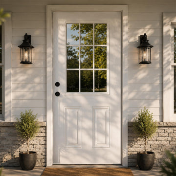 36'' x 80'' White Fiberglass Entry Door with Glass, Front Door with White Vinyl Frame and Brickmould, Right Inswing