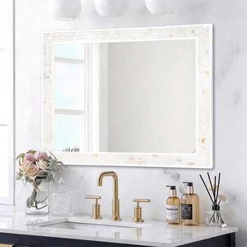 White Bathroom Mirror 30x40 Inch, Natural Shell Framed Wall Mirrors