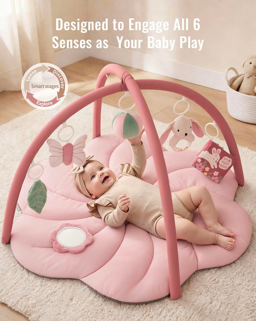 Play Gym Mat, Tummy Time with 6 Detachable Toys for Sensory & Motor Skill Development, Baby Activity Mat for Girl Boy