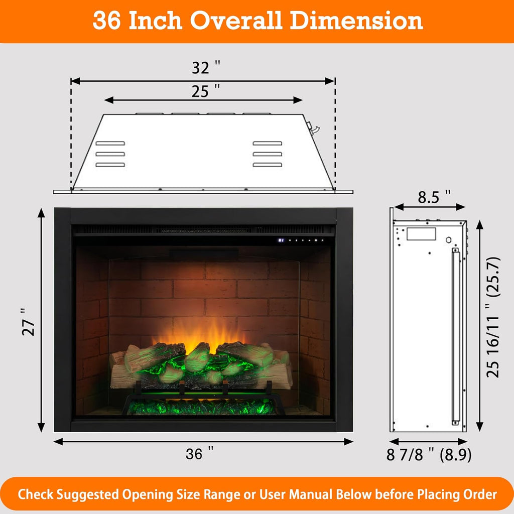 Electric Fireplace Insert w/Top Light, 12×12×12 Flame Color Option with Fire Crackling Sound, 36″W×27″H