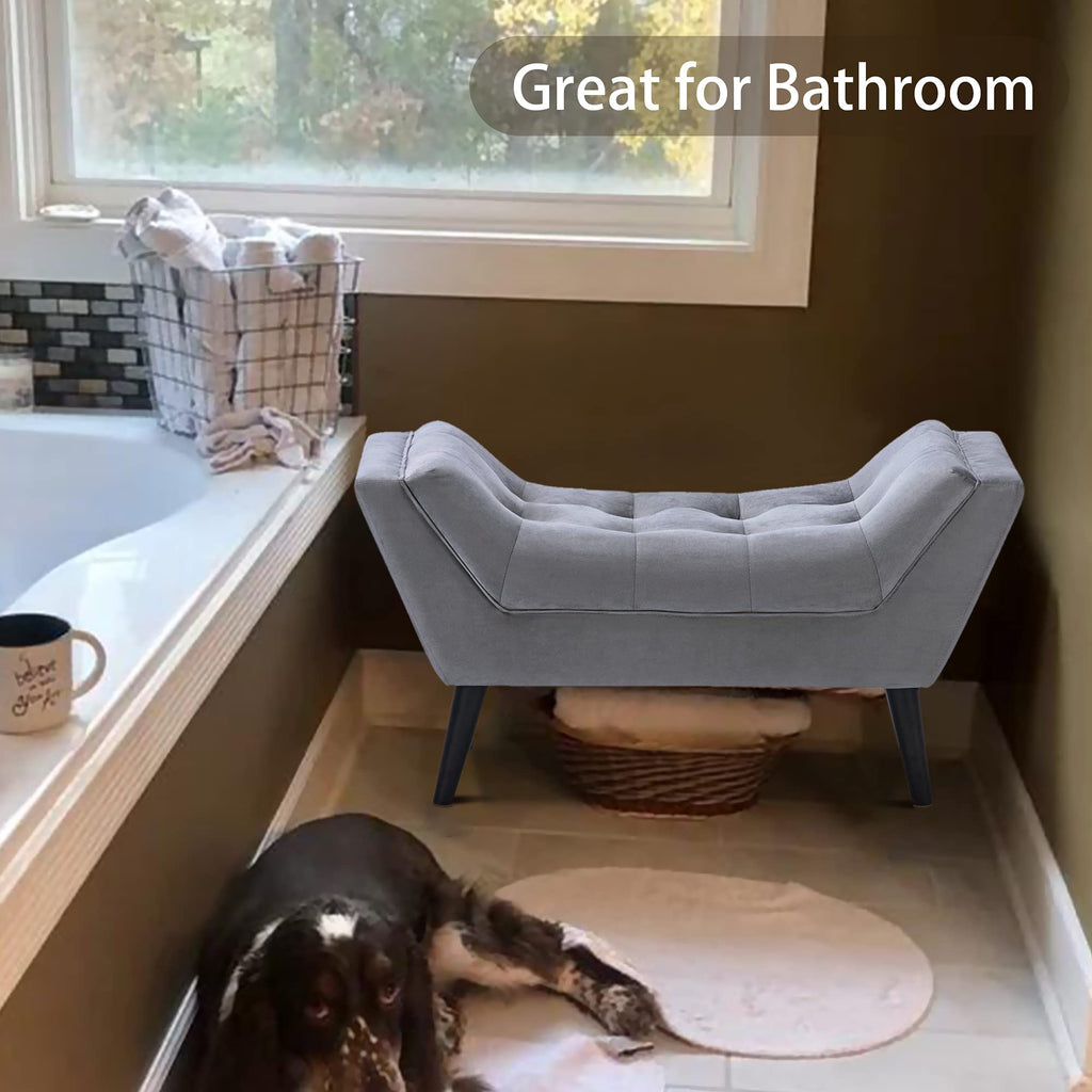 Upholstered Tufted Small Cute Bench Ottoman Foyer Bathroom Vanity Bedroom (One Seater, Velvet Grey)