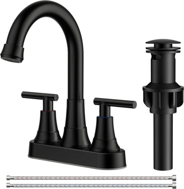 Matte Black Bathroom Faucets, 4 Inch Centerset Bathroom Sink Faucet 2 or 3 Hole with Pop up Drain and cUPC Hose