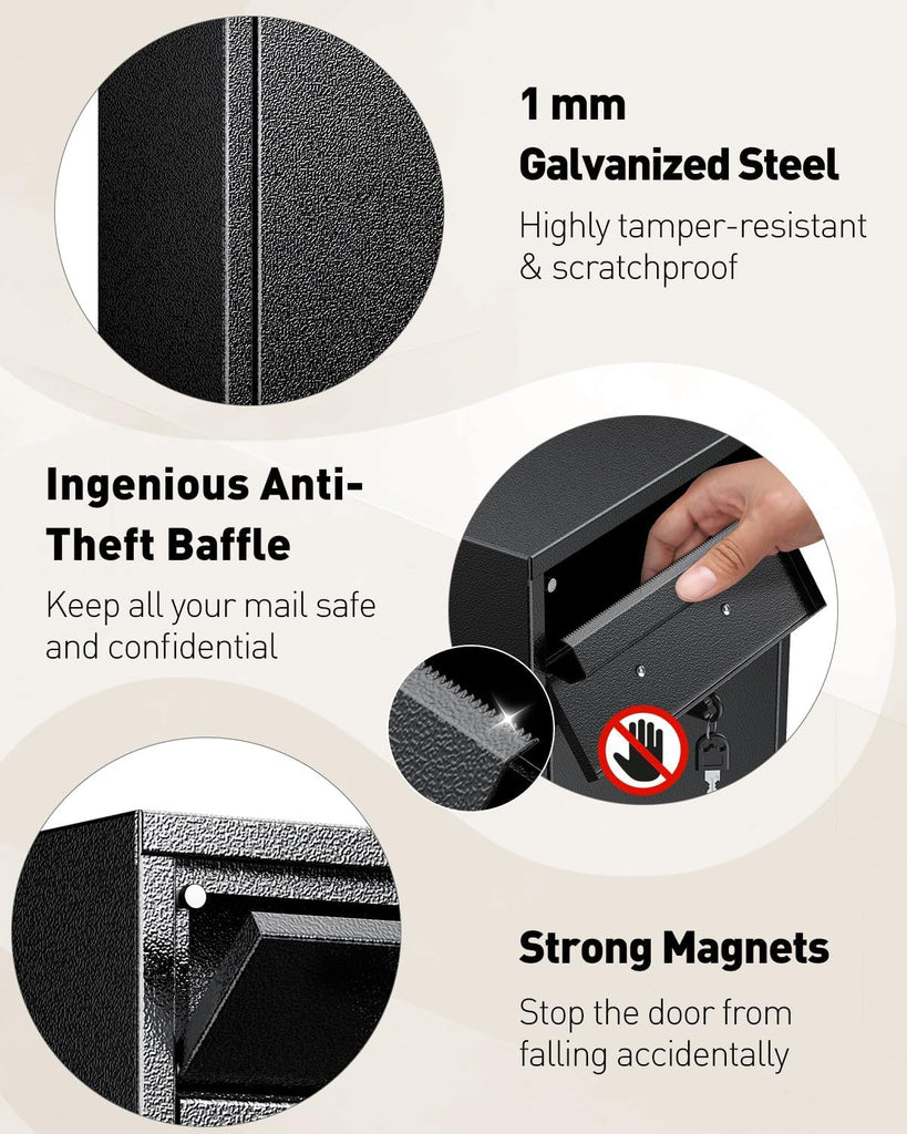 Wall Mount Mailbox Theft Heavy Duty Locking Mailbox, Large Mailbox with Key Lock, Security Mail Box, Safe Key Drop Box
