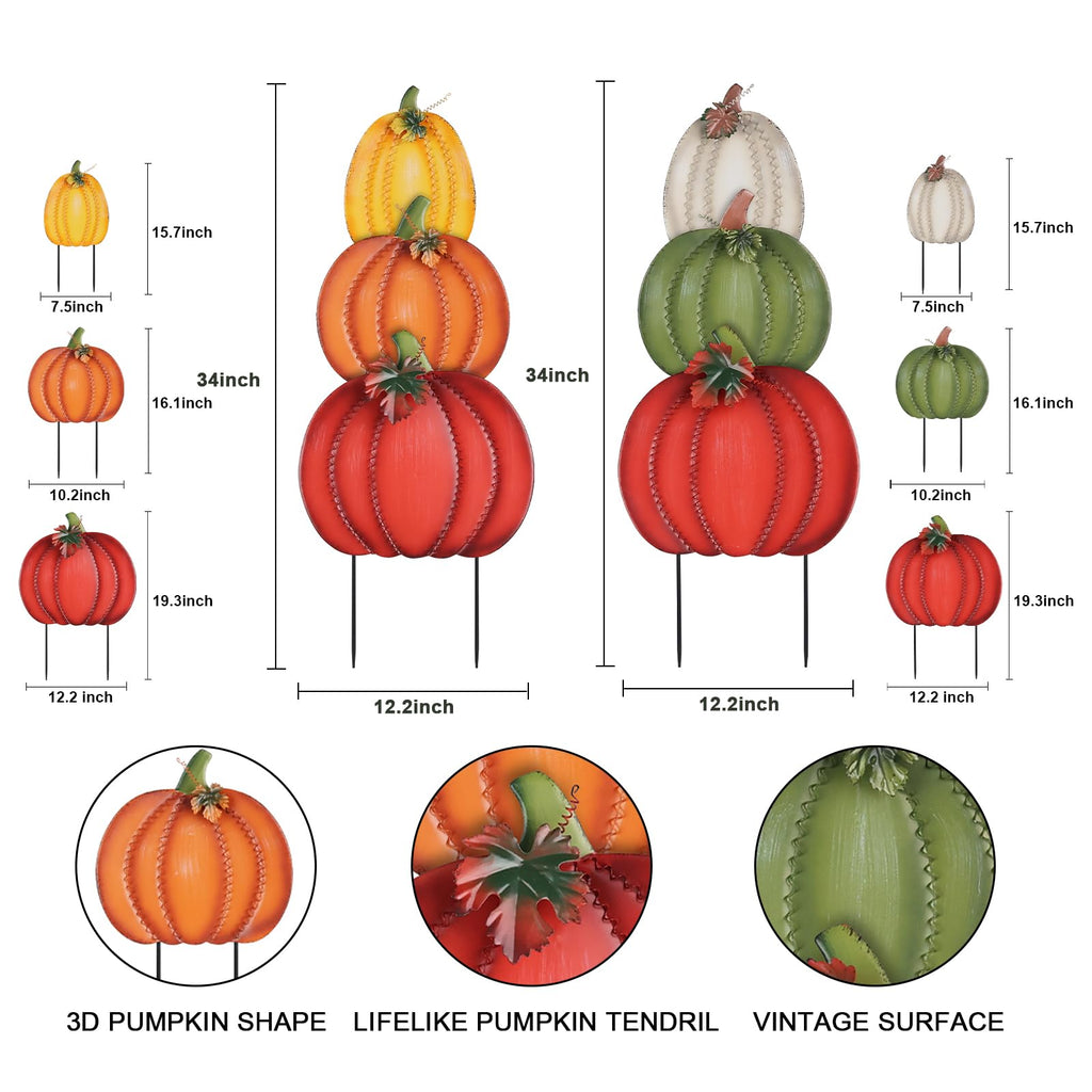 Fall Decorations Outdoor, 34" 2PCS Decorative Garden Stakes with 6 Pumpkins for Fall Decor, Metal Yard Signs Outside