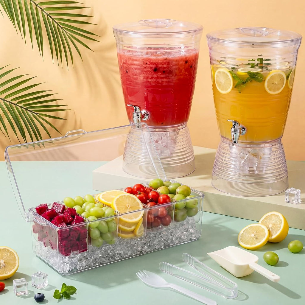 Sets Acrylic Drink Dispenser with Condiment Tray Ice Scoop, 2.7 Gallon Clear Juice Dispenser Countertop with Spigot - Set of 4