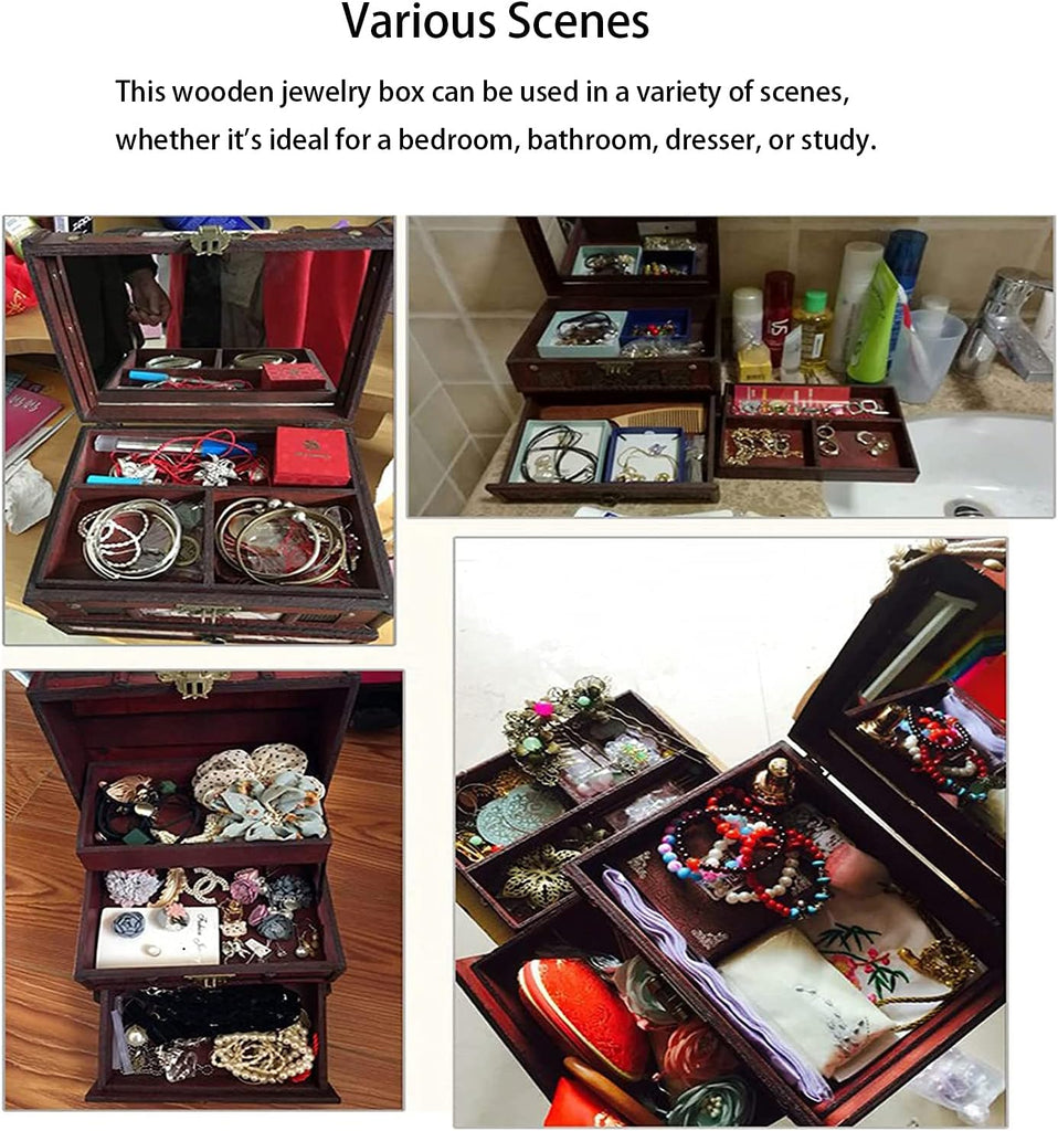 Wooden Jewelry Box with Mirror Classical Wood Jewlery Storage Box