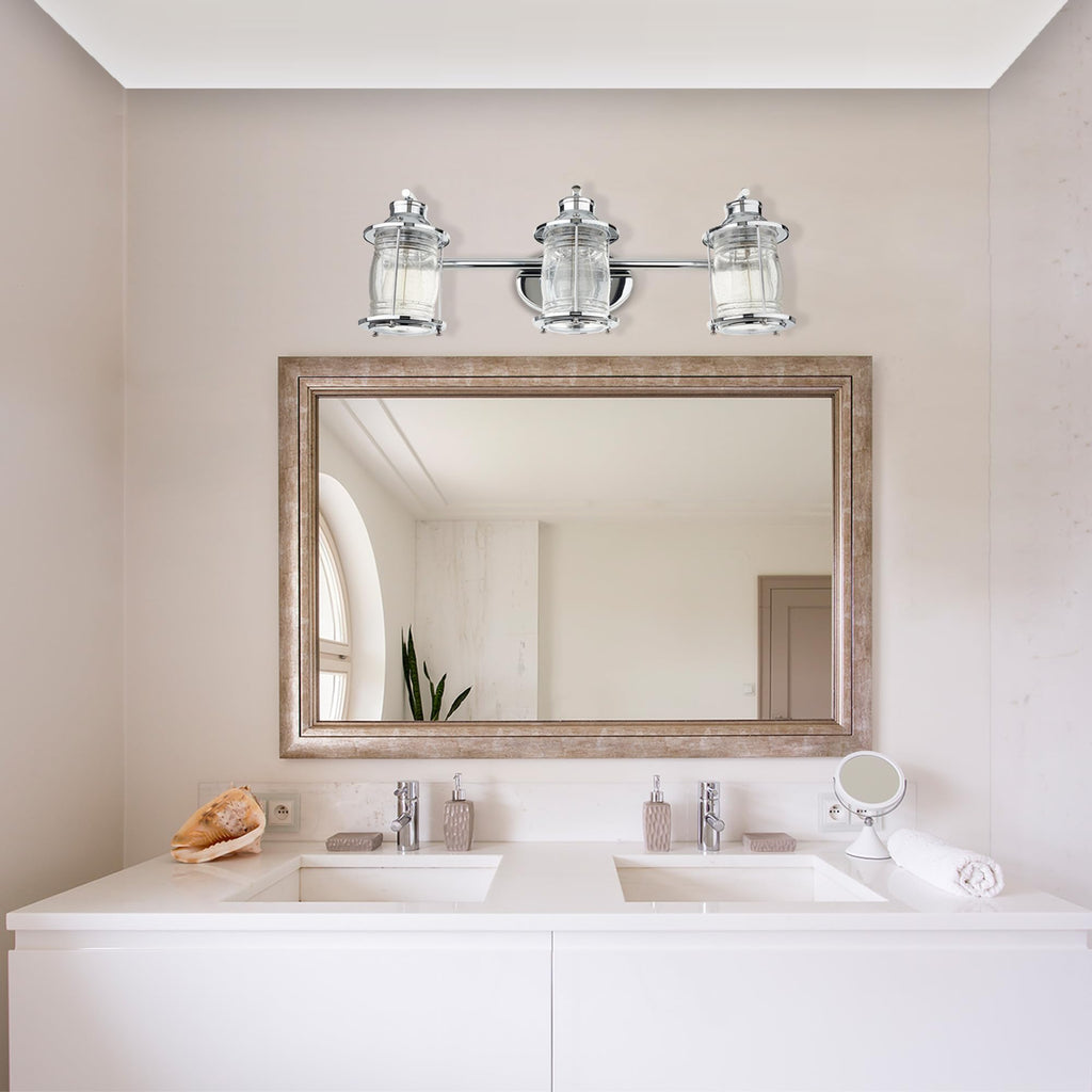 Bayfield 3-Light Vanity Light, Chrome, Ribbed Seeded Glass Shades, Bulb Not Included