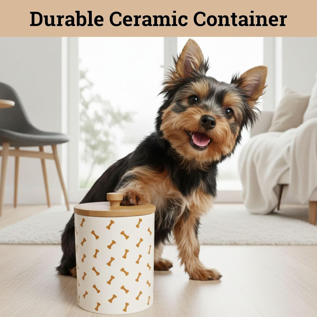 Ceramic Dog Treat Container Airtight with Bamboo Lid, 5"W x 6.4"H, 4 Cups