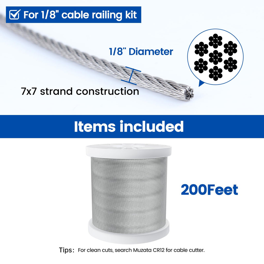 200ft 1/8" T316 Stainless Steel Cable Railing Wire Rope WR02