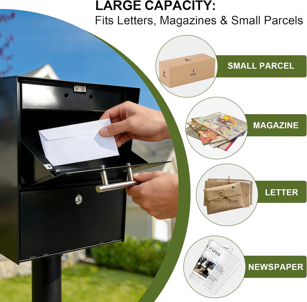 XL Post-Mount Mailbox, Weather Resistant, Large Outdoor Mailboxes, Galvanized Steel Heavy Duty Mailbox