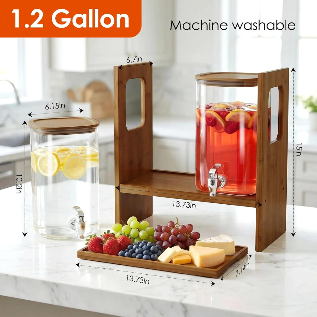 1.2 Gallon Glass Drink Dispenser with Stand and Serving Tray - Set of 2