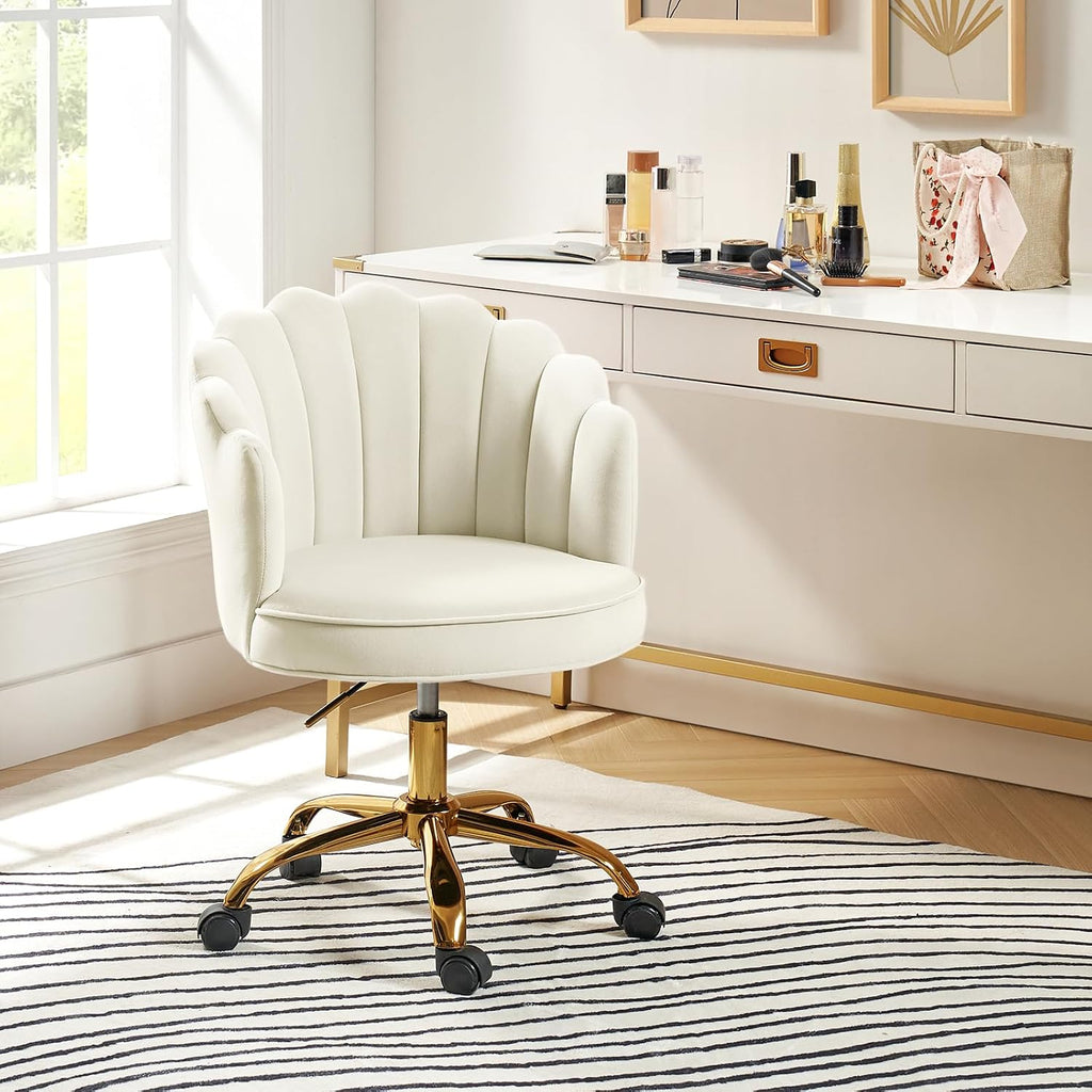 Velvet Home Office Desk Chair with Gold Base, Adjustable Swivel Task Chair for Vanity, Women's Modern Cute Shell Back