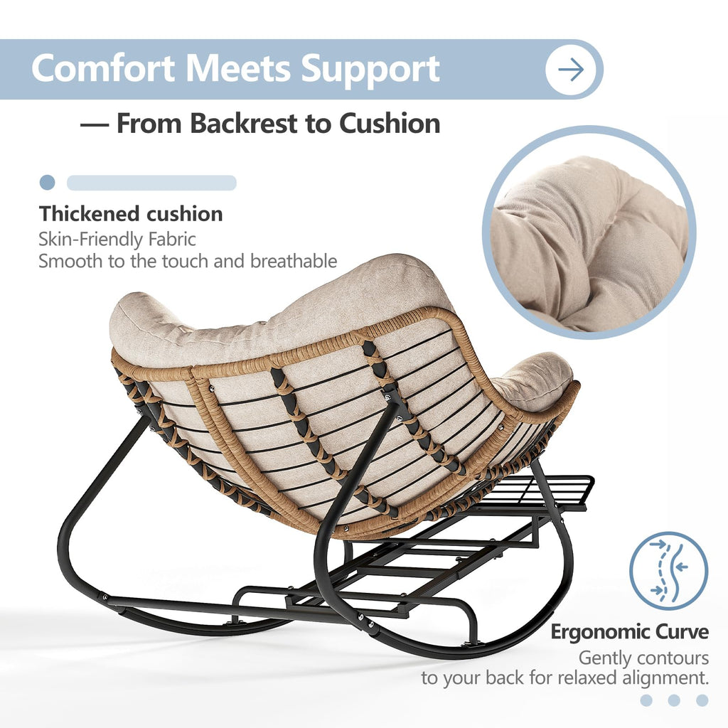 Papasan Rocking Chair with Footrest, Outdoor Wicker Egg Rocker, Khaki