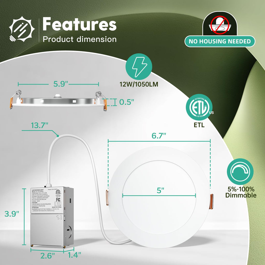 48 Pack 6 Inch LED Recessed Light with Junction Box, 5CCT