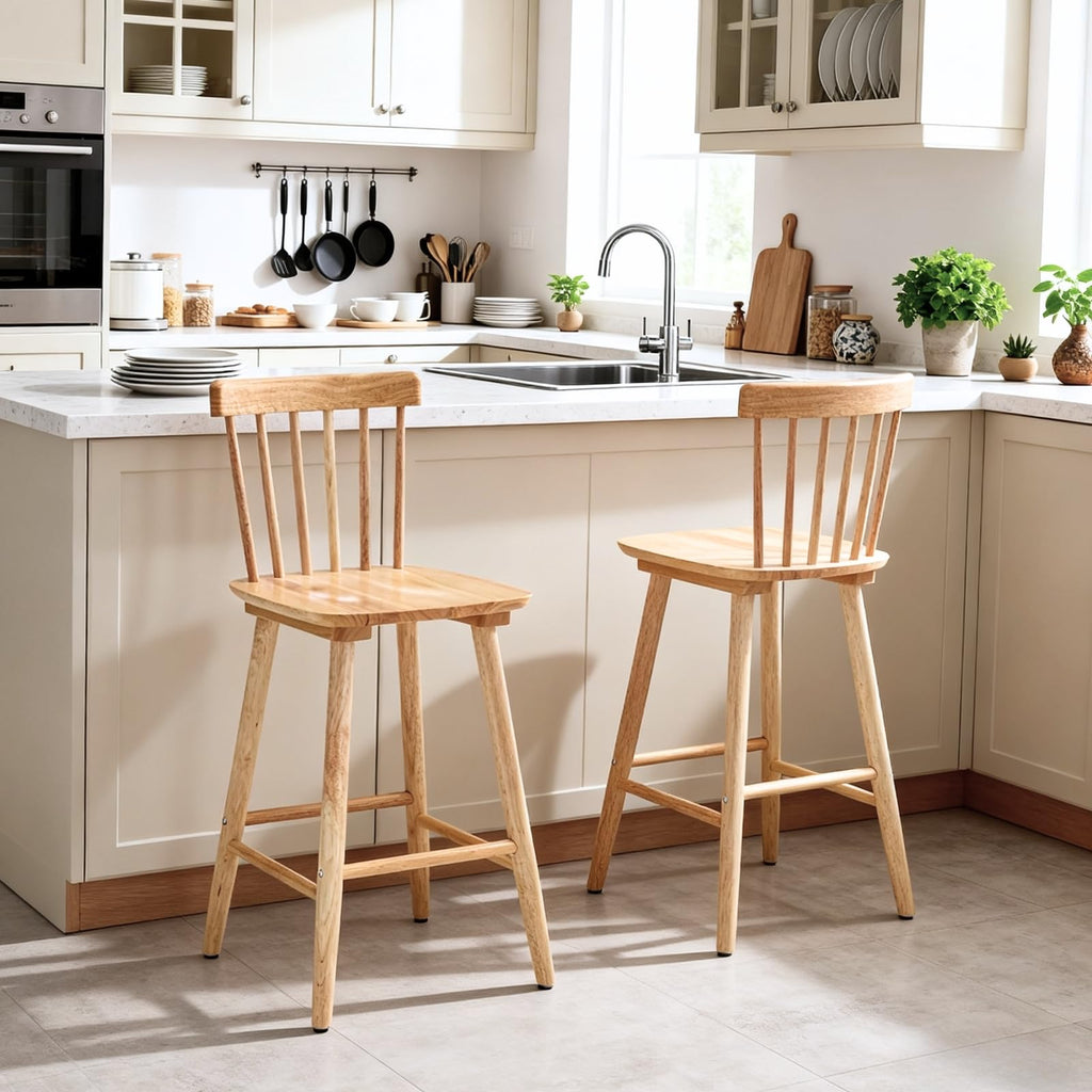 26" Windsor Counter Height Bar Stools Set of 2, Farmhouse Wooden Counter Stools with Spindle Back, Modern Rustic