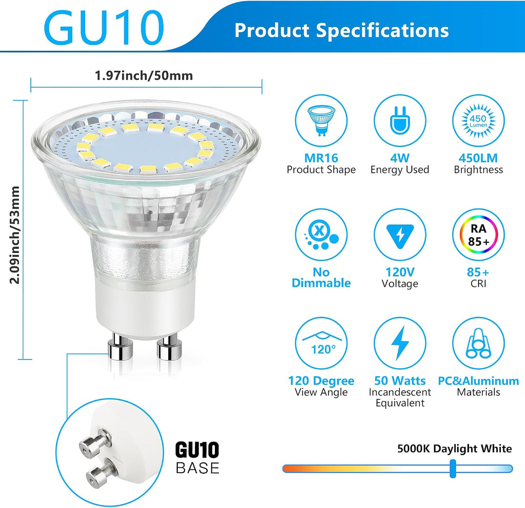GU10 LED Light Bulb, 50 Watt Halogen Equivalent, Daylight White 5000K 450LM Non-Dimmable 4W LED Replacement Recessed