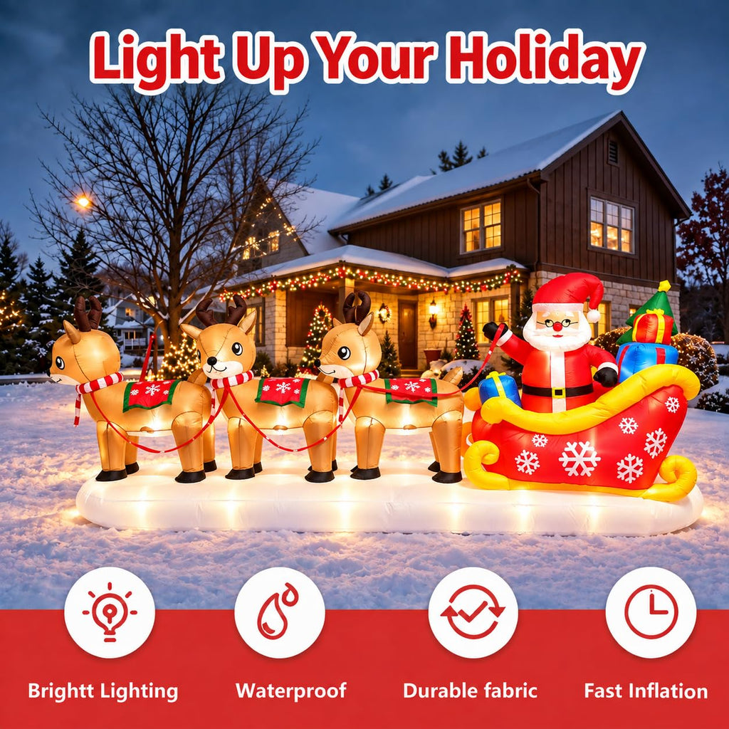 13FT Christmas Inflatable Santa Sleigh & 3 Reindeer with LED Lights