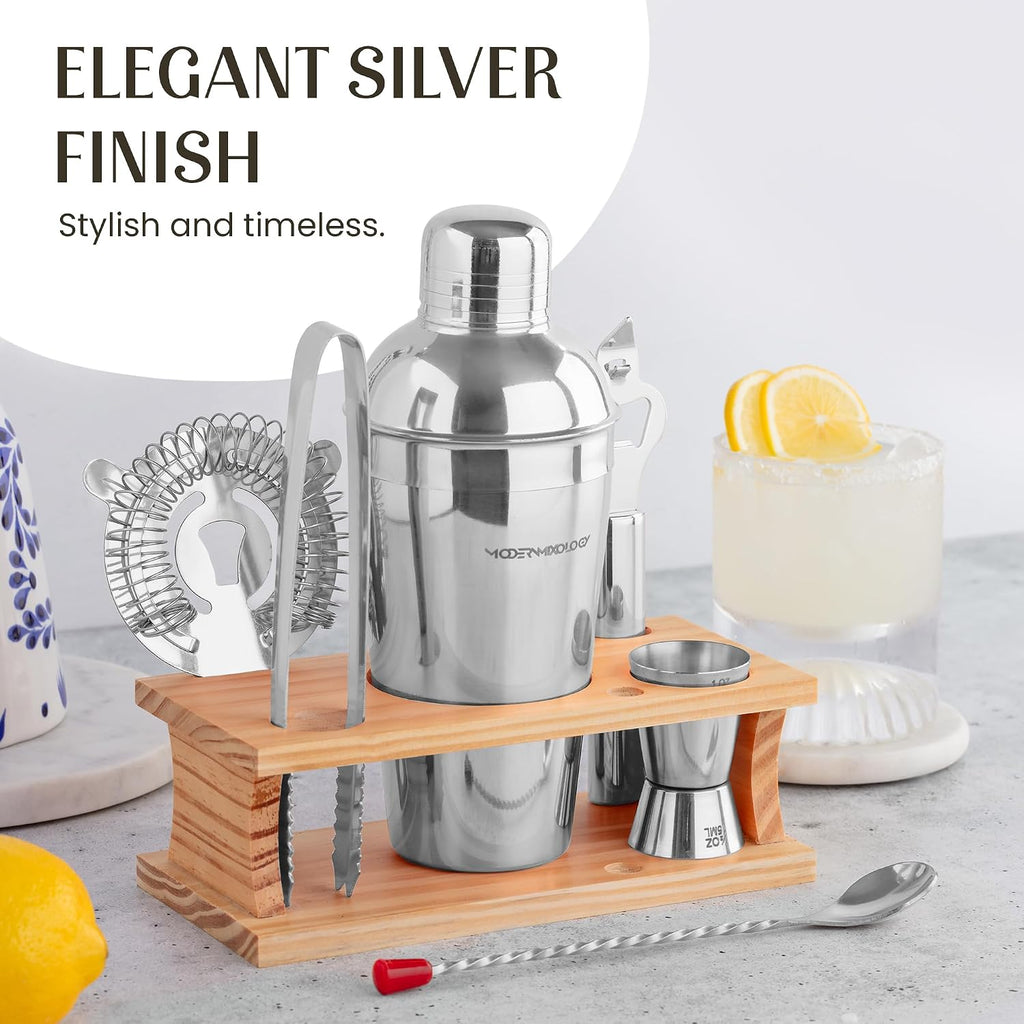 Cocktail Shaker Set - Bartender Kit with Pine Stand | Leak-Proof Design | Includes Martini Shaker, Jigger, Strainer - Set of 8