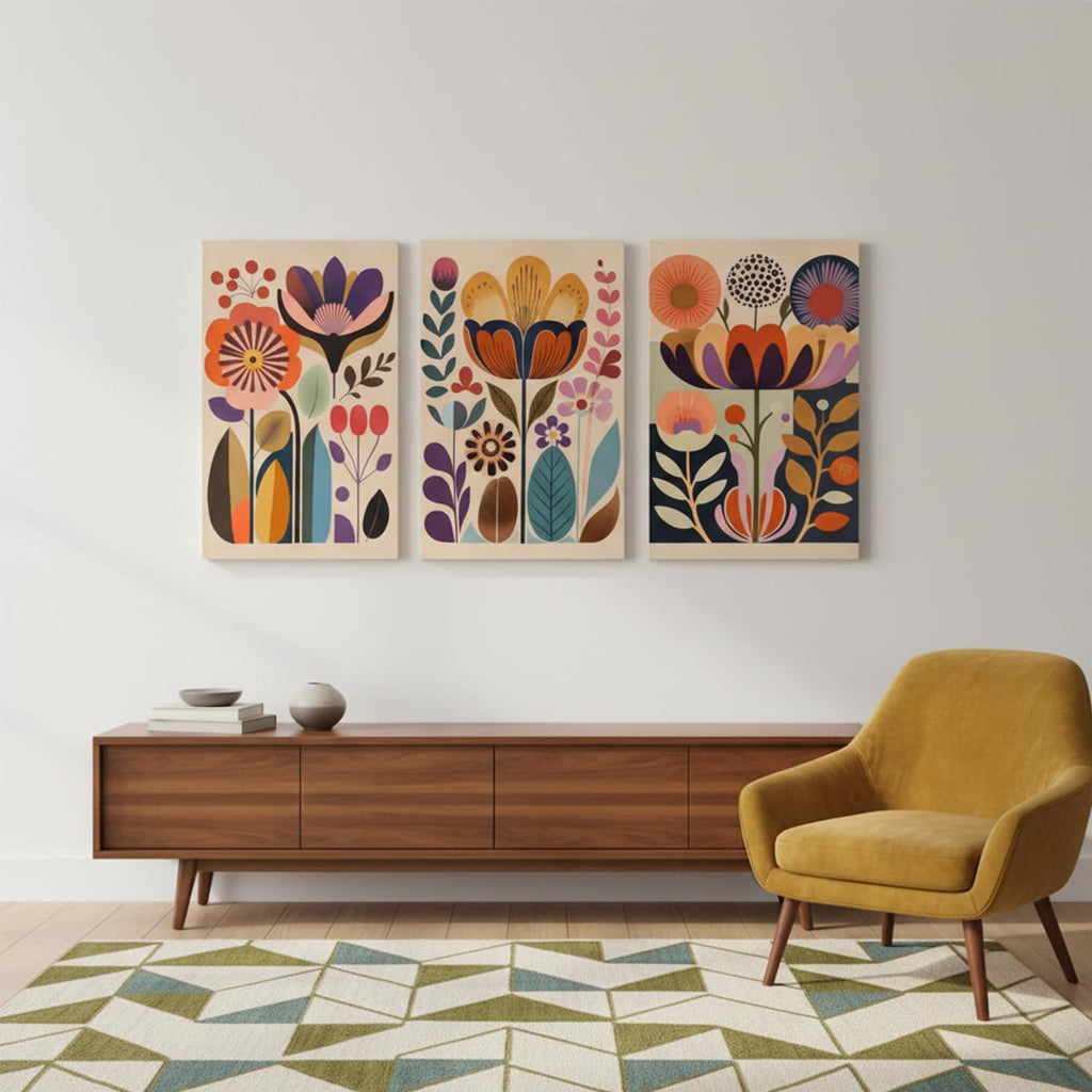 Scandinavian Flower Canvas Wall Art Mid Century Colorful Floral Wall Decor